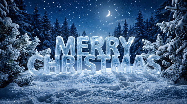 Frozen merry christmas text in winter forest landscape
