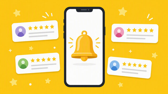 Notification bell displayed on smartphone with multiple user reviews and yellow background