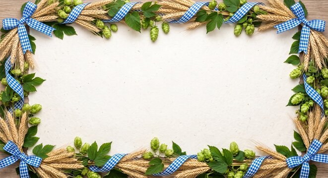 Oktoberfest frame background with wheat ears, green hops, and blue-white Bavarian ribbons