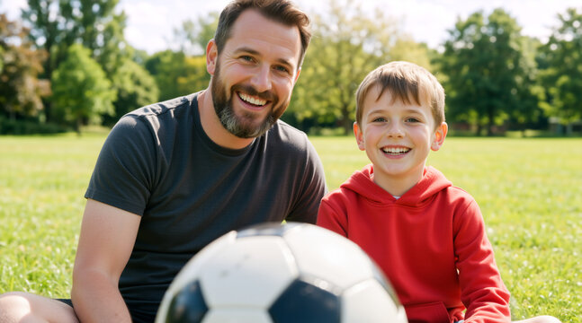 Happy father and son sitting on grass with soccer ball in park. Smiling dad and boy resting after playing football outdoors. Active family lifestyle and bonding