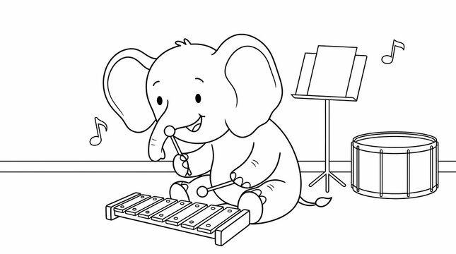 Cute cartoon elephant playing a xylophone with a drum and music stand in a coloring page for children.