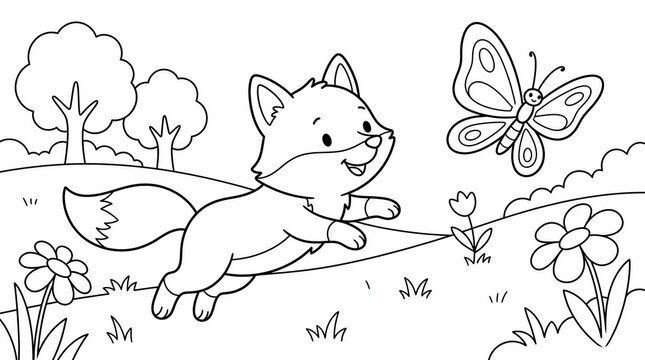 Cute cartoon fox running and chasing a happy butterfly in a meadow with flowers and trees, black and white coloring page for children.