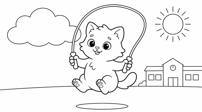 Cute kitten jumping rope on a sunny day in front of a school building, coloring page for kids.