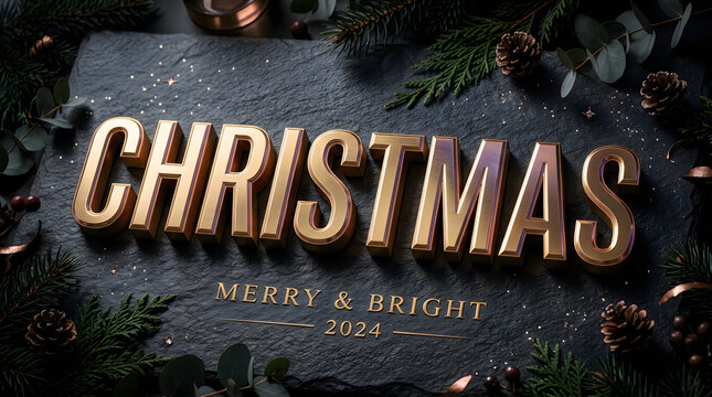 Golden christmas typography with festive evergreen background