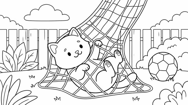 Adorable cartoon kitten getting tangled in a soccer net in a backyard setting for a children's coloring page.