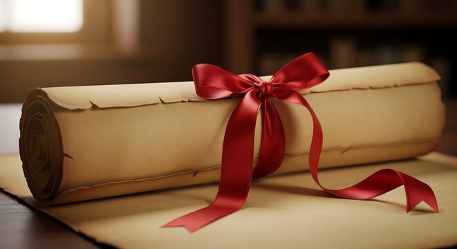 Old parchment paper scroll tied with vibrant red silk ribbon sitting on desk in warm soft indoor lighting