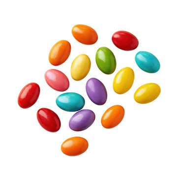 Colorful Jelly Beans scattered in a playful cluster with smooth shiny texture isolated on transparent background