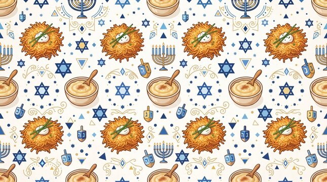 Hanukkah seamless pattern with latkes menorah and dreidels