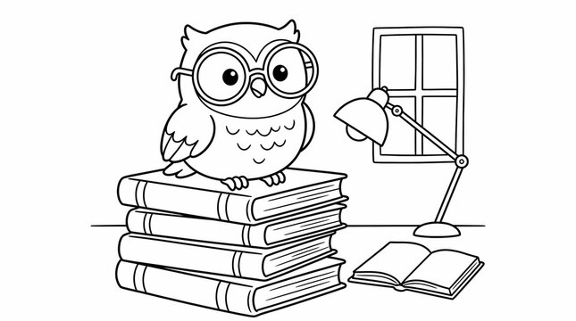 Cute cartoon owl wearing glasses sitting on a stack of books next to a desk lamp and window, black and white coloring page for kids.