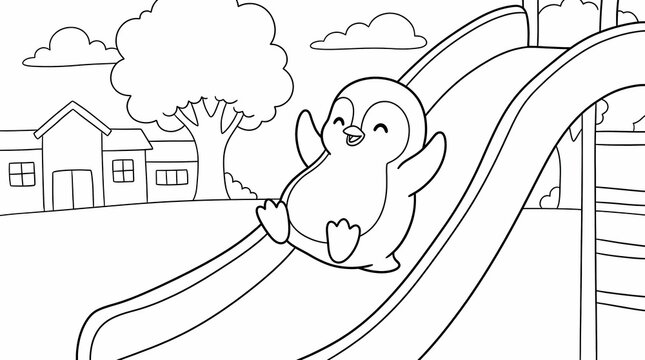 Cute cartoon penguin happily sliding down a playground slide on a coloring book page for kids