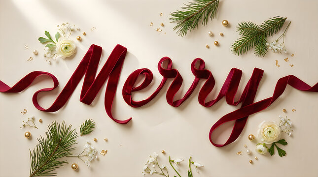 Elegant merry christmas calligraphy with festive greenery background