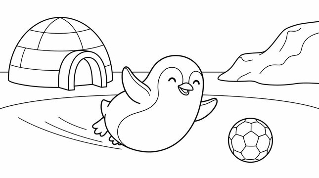 Cute cartoon penguin playing soccer in a snowy Arctic landscape with an igloo, black and white coloring page for kids.