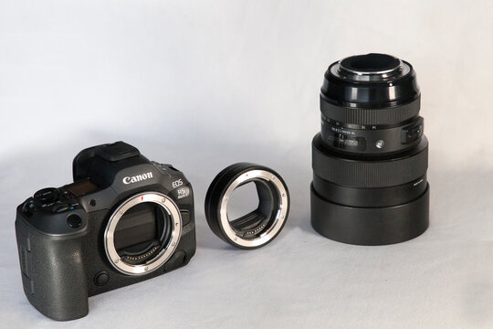 ITALY - SEPTEMBER 2026: Canon EOS R5 Mark II mirrorless camera and lens