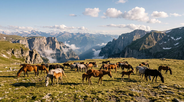 Gran manada de caballos y potros pastando en una pradera alpina alta, con espectaculares picos rocosos, acantilados y valle de fondo.