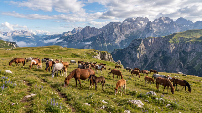 Gran manada de caballos y potros pastando en una pradera alpina alta, con espectaculares picos rocosos, acantilados y valle de fondo.