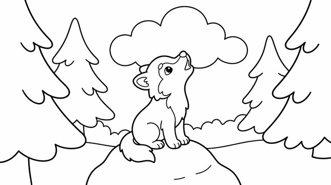 Coloring page illustration of a cute wolf pup sitting on a rock and howling in a pine forest