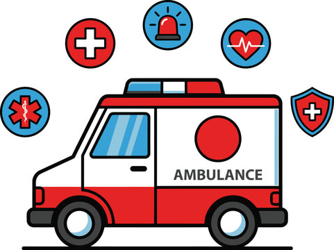 Emergency Ambulance Vehicle with Medical First Aid Icons