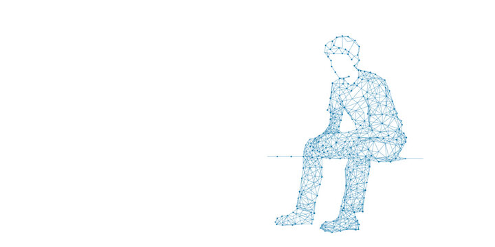 Depression low poly banner template. 3d polygonal woman. Depressed sitting girl, psychological disease concept art with connected dots and lines. Lonely person vector color wireframe mesh illustration