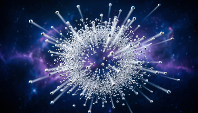 Psychedelic Silver Particle Explosion and Cosmic Energy Burst on Nebula Background / 迷幻银色粒子爆炸与星云背景上的宇宙能量爆发
