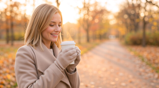 Smiling blonde woman holding a steaming coffee cup in an autumn park. Happy female in a beige coat enjoying a warm drink outdoors during golden hour