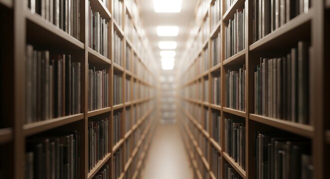 Narrow library aisle with endless wooden bookshelves and soft warm interior lighting creating a scholarly peaceful atmosphere