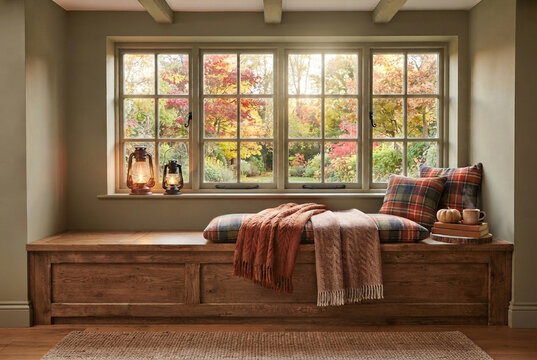 Cozy window seat view overlooking vibrant autumn trees outside.