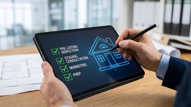 A real estate agent using a tablet to review property listing checklist for the concept of real estate business.