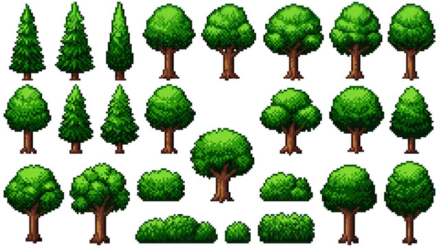 Pixel Art Trees and Bushes Game Design Assets, Pixel Art Forest Trees and Bushes Nature Collection