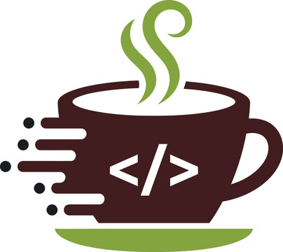 Coffee cup icon with code brackets symbol representing programming and energy