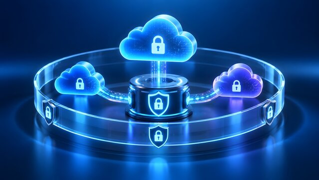 Secure multi cloud network architecture concept with glowing padlocks and data streams connecting virtual servers