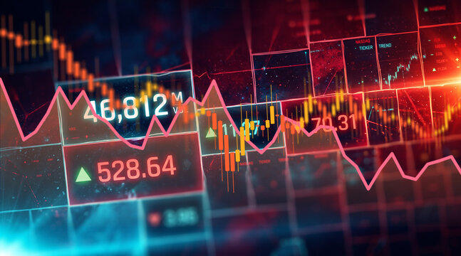 Dramatic red and blue digital stock market charts showing a sharp financial downturn with falling prices and negative trends, symbolizing economic crisis.