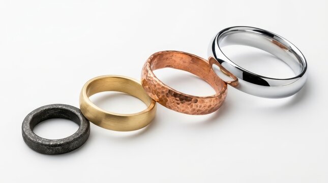 Collection of Four Diverse Metal Rings with Different Textures and Finishes on White Background