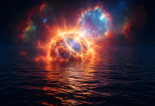 Cosmic energy and climate change, glowing supernova star exploding over dark ocean waves with nebula clouds in deep space night sky for science fiction