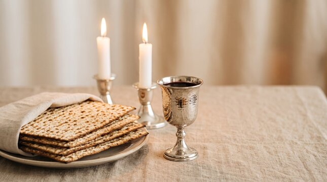 Passover Seder Table Setting with Matzah Wine and Candles