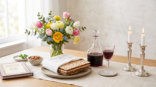 Passover Seder Table Setting with Matzah Wine Flowers and Candles