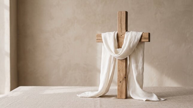 Wooden cross draped with white cloth symbolizing resurrection and faith