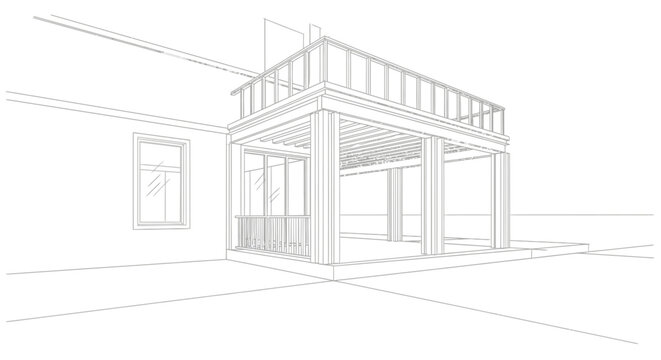 Architectural line drawing shows a residential deck structure with an upper terrace railing attached to a modern house wall.