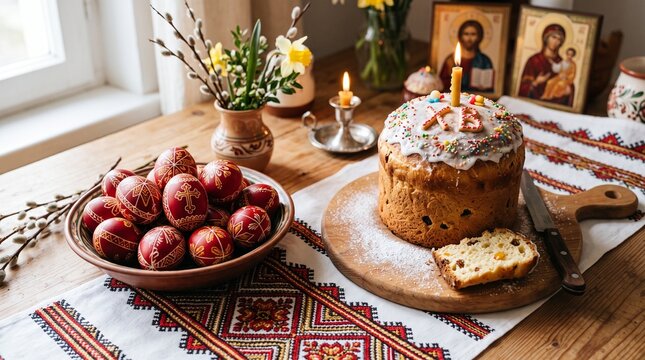 Traditional Easter bread and painted eggs on a wooden table with religious icons