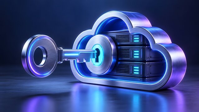 Cloud computing security concept featuring a metallic cloud icon, server rack, and a key inserted into a keyhole.