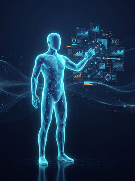 Futuristic human figure interacting with data visualization technology in a glowing blue network