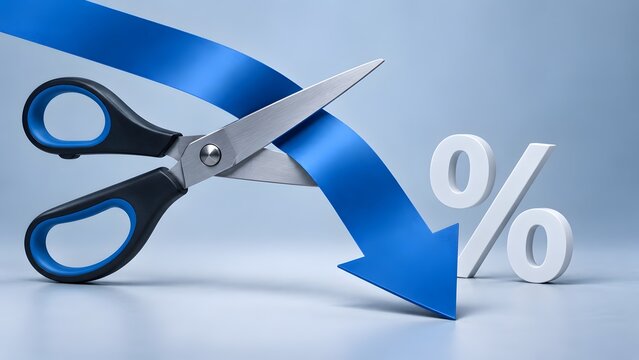 Interest rate cut concept with scissors cutting a blue downward arrow next to a percentage sign.