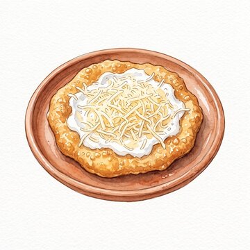 Hungarian Langos Fried Flatbread Watercolor Illustration. Hungarian langos flatbread on terracotta plate, isolated white background, european street food illustration.