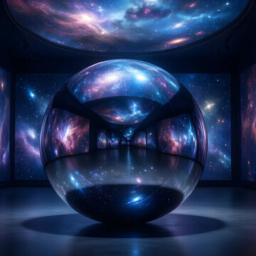 Cosmic exploration and future technology, reflective sphere in immersive digital art installation with nebula and galaxy projections in dark gallery space