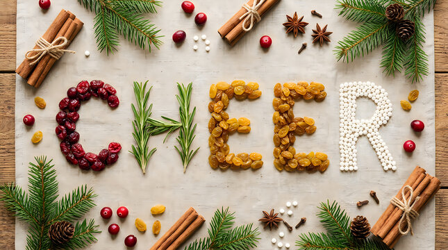 Festive cheer typography made from seasonal winter foods
