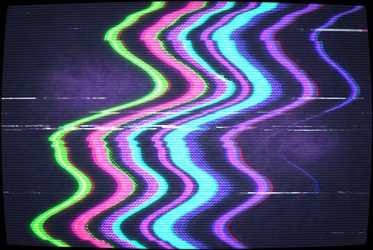 Abstract Retro CRT Monitor Glitch Screen with Wavy Neon Distortion Lines and VHS Static Noise