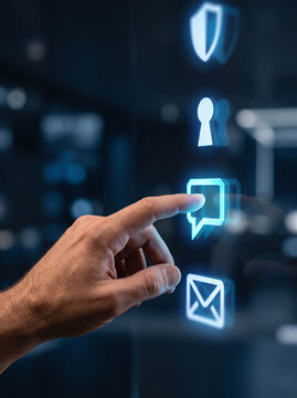 Hand touching glowing chat bubble icon on a digital screen cybersecurity concept