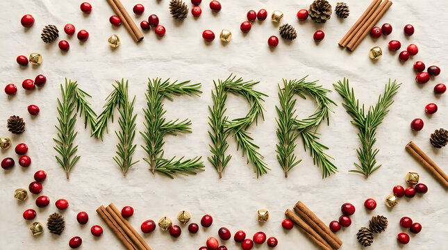 Festive merry christmas greeting with evergreen and winter berries