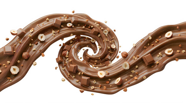 Creamy chocolate splash with hazelnut pieces and chocolate chunks swirling in a dynamic wave