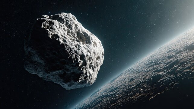 Stunning Close-Up View of Asteroid Approaching Planet Surface in Deep Space with Starry Background and Cosmic Perspective