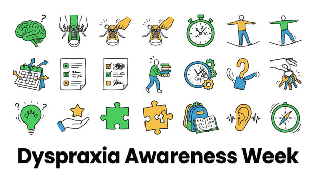 Dyspraxia Awareness Week Vector Icon Set featuring Motor Skills Coordination, Balance Exercise, Brain Health, Puzzle, and Time Management Symbols